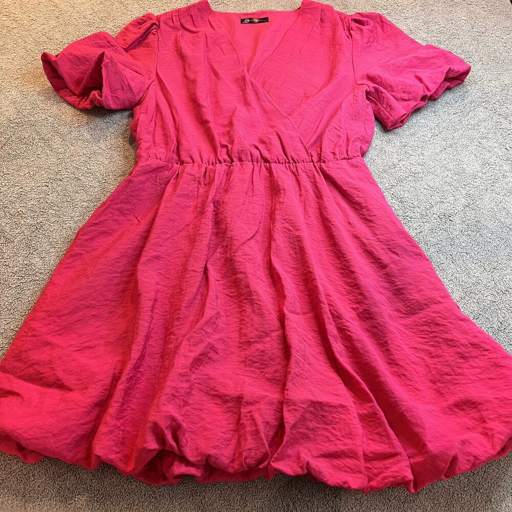 PRETTYGARDEN Hot Pink Faux Wrap Mini Dress Size L Short Puff Sleeve Bubble Hem